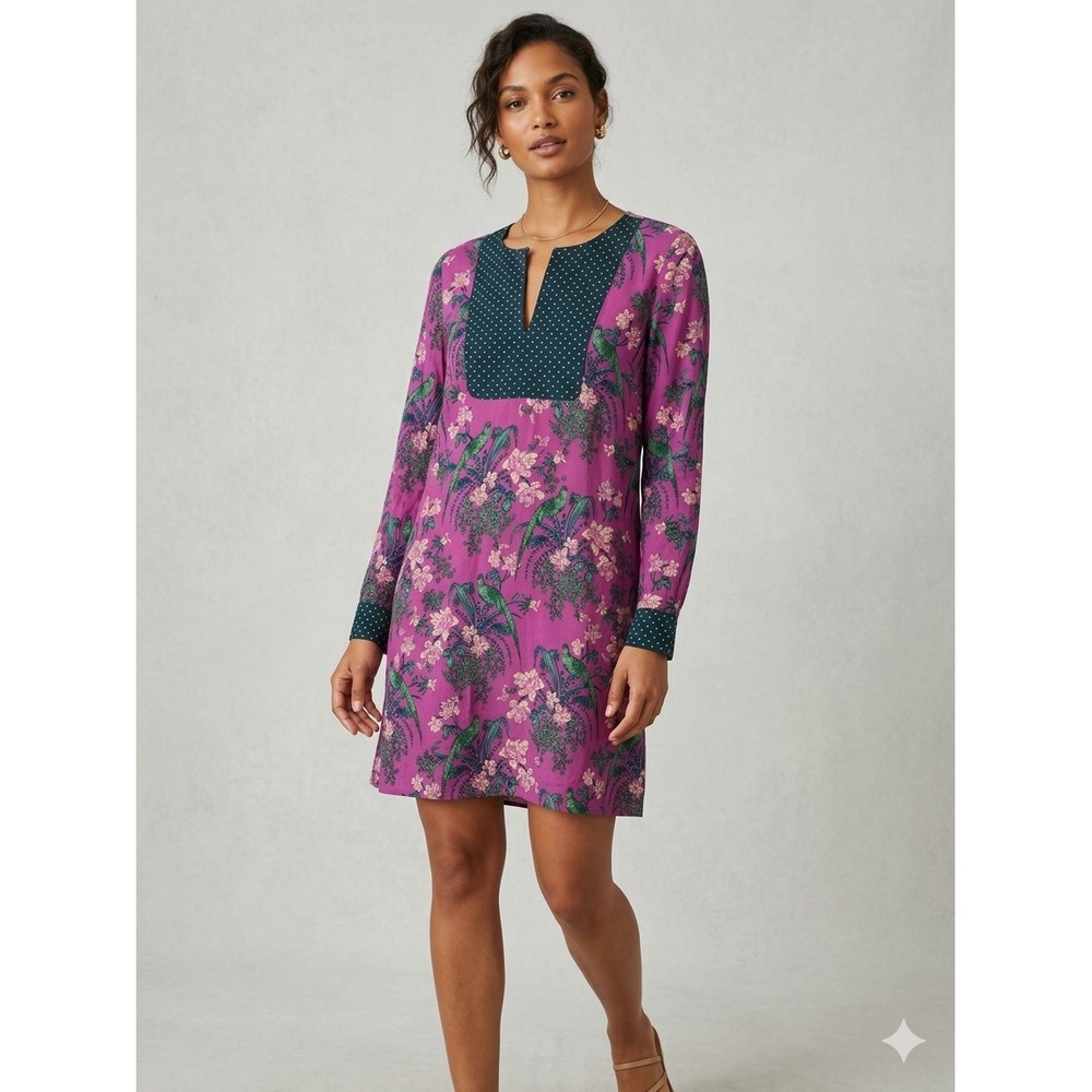 Maeve‎ Dress Women 2 Pink Floral Bird Long Sleeve Shift Mini Anthropologie